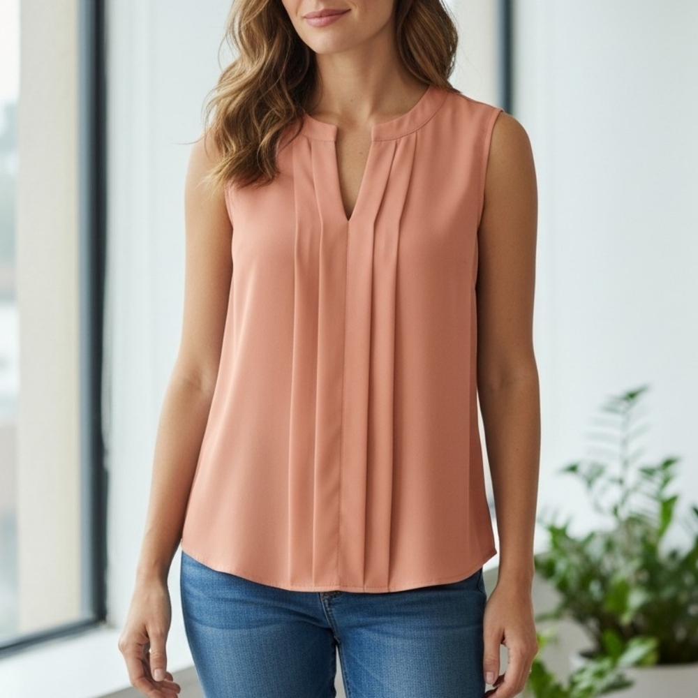Calvin Klein Sleeveless Pleat-Front Blouse Top Apricot Women's Size M Classic